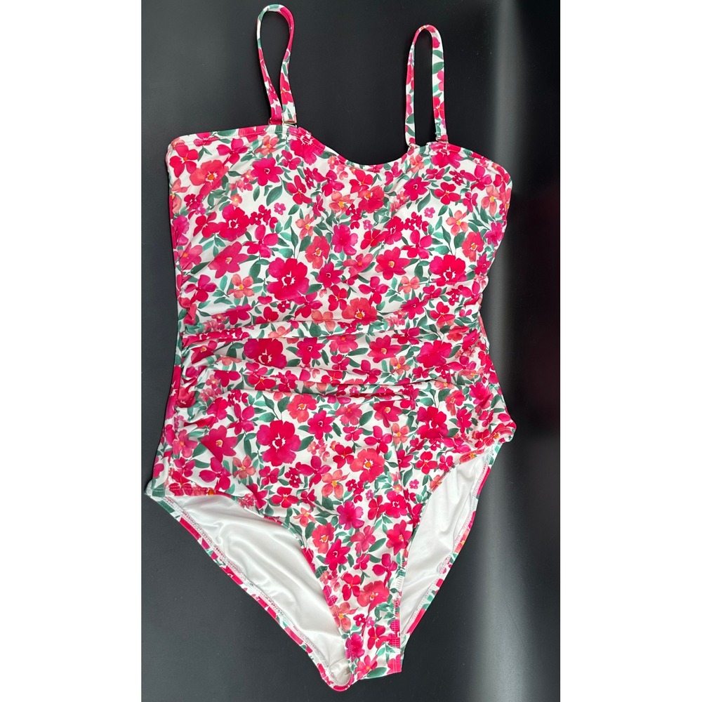 Sol Borne Womens 1X Pink Floral Ruched One Piece Swimsuit Adjustable Straps‎